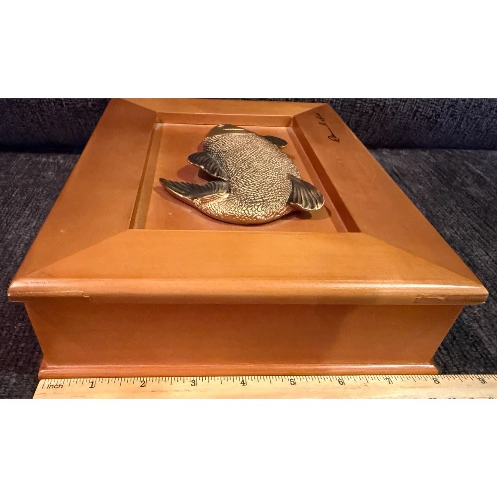 VTG Maple Wood Trinket Jewelry Box 3D Salmon Fishing Lid Clarence A Wells Signed